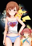  2girls anger_vein bikini brown_eyes brown_hair crossover highres hikari0910 misaka_mikoto multiple_girls pikachu pokemon pokemon_(creature) power_connection shirai_kuroko swimsuit to_aru_kagaku_no_railgun to_aru_majutsu_no_index tubetop wink 