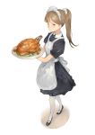  apron brown_eyes brown_hair dress highres kureta_(nikogori) long_hair maid maid_headdress mary_janes original pantyhose ponytail scrunchie shoes tray turkey 