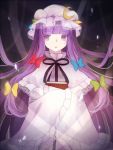  1girl blush book capelet crescent dress hat ichi_ran long_hair long_sleeves open_mouth patchouli_knowledge purple_hair ribbon solo touhou violet_eyes wide_sleeves 