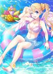  1girl anklet barefoot bikini blonde_hair blue_eyes bracelet flower food fruit innertube jewelry long_hair navel necklace parfait sitting smile solo swimsuit water wings wink 