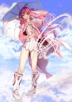 1girl boots bow cape clouds gears long_hair original pink_eyes pink_hair reflection rubber_boots sky twintails umbrella uuhui 