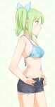  1girl bikini blue_bikini breasts cutoffs denim denim_shorts green_hair hair_ribbon highres mole nagian navel no_shirt open_fly original polka_dot polka_dot_background polka_dot_ribbon profile ribbon shorts side side_ponytail solo swimsuit unzipped 