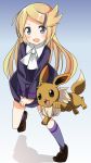  1girl ace_trainer_(pokemon) blonde_hair blue_eyes blue_legwear blush dress eevee hair_ornament hairclip highres holding_skirt kneehighs long_hair npc open_mouth pokemon pokemon_(creature) pokemon_(game) pokemon_xy ribbon shoes skirt skirt_hold solo tantan_men_(dragon) 