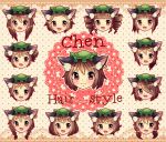  1girl alternate_hair_length alternate_hairstyle animal_ears bangs bangs_pinned_back braid brown_hair cat_ears character_name chen doily double_bun drill_hair face fang hair_over_one_eye heart heart_background ibaraki_natouu jewelry lace_border long_hair looking_at_viewer mob_cap open_mouth red_eyes single_earring smile solo touhou twin_braids twintails 