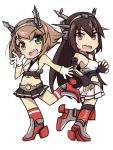  1girl 2girls black_hair breasts brown_hair chibi elbow_gloves gloves green_eyes headgear highres kantai_collection large_breasts long_hair multiple_girls mutsu_(kantai_collection) nagato_(kantai_collection) personification red_eyes short_hair tom_(drpow) white_gloves 