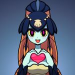  1girl blue_background blue_skin blush fish_girl heart heart_hands looking_at_viewer minette_(skullgirls) open_mouth pink_eyes scales seashell shell shisen smile solo yellow_sclera 