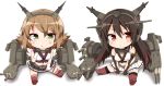  2girls bare_shoulders black_hair breasts brown_hair chibi gloves green_eyes headgear kantai_collection long_hair midriff multiple_girls mutsu_(kantai_collection) nagato_(kantai_collection) personification red_eyes red_legwear short_hair tsukudani_norio white_gloves 