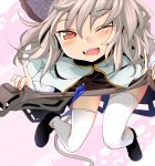  1girl animal_ears blush dress grey_hair highres ishikkoro looking_at_viewer mouse_ears mouse_tail nazrin open_mouth red_eyes short_hair sitting skirt skirt_lift smile solo tail thighhighs touhou wink 