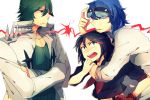  1girl anko_(kirikiri) black_hair blue_hair blush green_hair kill_la_kill matoi_ryuuko mikisugi_aikurou multicolored_hair multiple_boys revealing_clothes sanageyama_uzu school_uniform short_hair spikes sunglasses suspenders two-tone_hair 