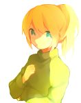  1girl blonde_hair blue_eyes expressionless hand_on_own_chest me@ poniko ponytail solo sweater yume_nikki 