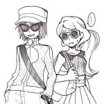  1boy 1girl calme_(pokemon) hk_(nt) lowres monochrome no_hat pokemon pokemon_(game) pokemon_xy ponytail serena_(pokemon) simple_background skirt sleeveless sunglasses white_background 