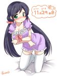 1girl black_eyes blush breast_lift breasts cleavage collarbone crossed_arms dress eromame green_eyes highres kneeling long_hair looking_at_viewer love_live!_school_idol_project purple_dress scrunchie solo thighhighs toujou_nozomi twintails very_long_hair white_legwear 