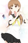  1girl adjusting_hair brown_hair doujima_nanako hair_ribbon highres justice_(tarot_card) mouth_hold peanuts_(ennuim) persona persona_4 ribbon school_uniform skirt solo turtleneck 