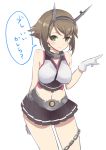  1girl blush breasts brown_hair gloves green_eyes ica kantai_collection large_breasts looking_at_viewer midriff mutsu_(kantai_collection) navel personification short_hair simple_background skirt smile solo translation_request white_background white_gloves 