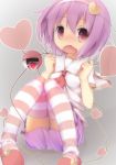  1girl :o akirame blush heart highres komeiji_satori pink_hair red_eyes short_hair skirt slippers solo striped striped_legwear thighhighs touhou wavy_mouth 