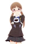  1girl brown_hair doujima_nanako glasses jack_frost peanuts_(ennuim) persona persona_4 school_uniform skirt solo stuffed_animal stuffed_toy turtleneck twintails 