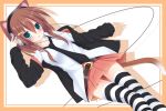  1girl animal_ears belt blush borrowed_character brown_hair cat_ears femt headphones long_hair looking_at_viewer original simple_background skirt solo striped striped_legwear tail thighhighs white_background yonari_phone_neon 