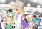  6+girls cosplay eating flandre_scarlet geshopu green_eyes green_hair hat heart hijiri_byakuren himekaidou_hatate inubashiri_momiji izayoi_sakuya kaenbyou_rin kasodani_kyouko komeiji_koishi komeiji_satori konpaku_youmu kurodani_yamame looking_at_viewer moriya_suwako moriya_suwako_(cosplay) multiple_girls nazrin open_mouth remilia_scarlet rumia saigyouji_yuyuko short_hair skirt smile suitcase tatara_kogasa touhou wig 