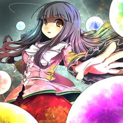  1girl black_hair bow brown_eyes danmaku hime_cut houraisan_kaguya long_hair long_sleeves looking_at_viewer open_mouth outstretched_arms shirt skirt smile solo touhou umigarasu_(kitsune1963) very_long_hair wide_sleeves 