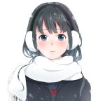  1girl black_hair blue_eyes earmuffs highres jacket long_hair original portrait scarf shizuko_(chipccchip) simple_background snowing solo white_background 