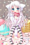  1girl animal_ears blue_eyes blush candy cat_tail commentary_request happy_valentine heart highres long_hair looking_at_viewer meiya_neon pancake solo striped striped_legwear tail thighhighs very_long_hair white_hair 