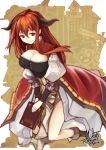  1girl artist_name book boots breasts cleavage cross-laced_footwear dated demon_horns highres horns kneeling large_breasts long_hair maou_(maoyuu) maoyuu_maou_yuusha noto_tsugumi red_eyes redhead smile solo 
