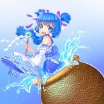  blue_eyes blue_hair detached_sleeves hair_ribbon highres japanese_clothes long_hair lucknight obi original pot ribbon smile twintails two_side_up wand water 