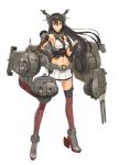  1girl bare_shoulders black_hair boots breasts cannon elbow_gloves fingerless_gloves gloves hair_ornament hairband headgear kantai_collection long_hair midriff nagato_(kantai_collection) personification red_legwear skirt solo thigh-highs turret yellow_eyes 