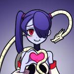 1girl bare_shoulders blue_hair blue_skin blush choker closed_eyes detached_sleeves hair_over_one_eye heart heart_hands heart_hands_duo leviathan_(skullgirls) looking_at_viewer red_eyes shisen side_ponytail sienna_contiello skullgirls smile stitched_mouth striped tagme twintails zombie 