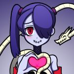  1girl bare_shoulders blue_hair blue_skin blush choker closed_eyes detached_sleeves hair_over_one_eye heart heart_hands heart_hands_duo leviathan_(skullgirls) looking_at_viewer red_eyes shisen side_ponytail sienna_contiello skullgirls smile stitched_mouth tagme twintails zombie 