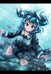  1girl blue_eyes blue_hair bubble dress fish hair_bobbles hair_ornament headwear_removed kawashiro_nitori legs letterboxed long_sleeves looking_at_viewer no_hat pocket ribbon shirt short_hair skirt skirt_set smile solo sunbeam sunlight swimming touhou twintails underwater wet wet_clothes yagi_(sinnsyou) 