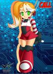  1girl arms_behind_back blonde_hair boots call_(ishikawa_hideki) call_(mighty_no._9) call_(natsume_yuuji) flat_chest fringe fusion green_eyes headset jadenkaiba knee_boots mighty_no._9 multicolored_hair robot side_ponytail skirt smile solo striped_sleeves two-tone_hair white_hair 
