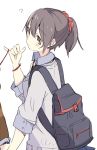  1girl ? backpack bag black_hair brown_eyes looking_at_viewer looking_back original pinky_out red_string school_uniform seed_teitoku short_hair short_ponytail string sweater 