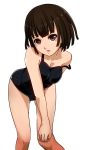  1girl bakemonogatari bent_over brown_eyes brown_hair highres monogatari_(series) school_swimsuit sengoku_nadeko shirosaki_rio short_hair strap_slip swimsuit 