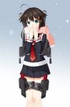  1girl black_hair blue_eyes braid gloves highres kantai_collection long_hair looking_at_viewer personification pleated_skirt school_uniform serafuku shigure_(kantai_collection) single_braid skirt snowing solo 