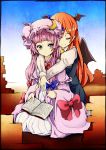  2girls absurdres baba_(pixiv3422465) bat_wings book bow clenched_hand closed_eyes crescent_hair_ornament double_bun dress gradient gradient_background hair_ornament head_wings highres hug hug_from_behind juliet_sleeves koakuma long_hair long_sleeves looking_back mob_cap multiple_girls open_book patchouli_knowledge pink_hair puffy_sleeves redhead robe seiza sitting skirt skirt_set smile striped striped_dress touhou very_long_hair violet_eyes wings 