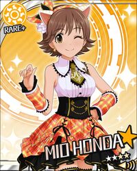  1girl animal_ears brown_eyes brown_hair cat_ears character_name dress earrings honda_mio idolmaster idolmaster_cinderella_girls jewelry necktie official_art ribbon short_hair smile solo star thighhighs wink 