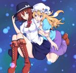  2girls blouse boots dress holding ishimu legs long_hair maribel_hearn mob_cap multiple_girls short_hair skirt touhou usami_renko wink 