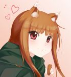  1girl animal_ears brown_hair eating food food_on_face heart highres holo long_hair payot pink_background red_eyes simple_background solo spice_and_wolf wolf_ears 