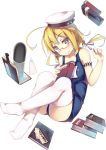  1girl blonde_hair blue_eyes book breasts glasses hair_ribbon hat i-8_(kantai_collection) kantai_collection official_art one-piece_swimsuit personification ribbon school_swimsuit smile solo swimsuit thighhighs torpedo twintails white_legwear 