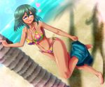  1girl bikini dark_skin green_hair idolmaster idolmaster_cinderella_girls natalia_(idolmaster) short_hair solo stir255 swimsuit undressing violet_eyes 