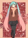  1girl aqua_hair arms_behind_back blush green_eyes hatsune_miku highres leaf long_hair looking_at_viewer pantyhose scarf skirt smile solo sweater twintails very_long_hair vocaloid 
