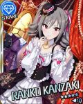  1girl blush character_name diamond_(symbol) dress drill_hair hat idolmaster idolmaster_cinderella_girls kanzaki_ranko mirror official_art red_eyes silver_hair sparkle wardrobe 