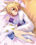  1girl animal_ears barefoot blonde_hair blush brown_hair dot_r fox_ears fox_tail hat hat_removed headwear_removed lying multiple_tails on_side short_hair smile solo tail touhou yakumo_ran yellow_eyes younger 