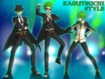  3boys arin66 blazblue formal gangnam_style green_hair hazama highres kazuma_kuvaru multiple_boys multiple_persona necktie parody suit sunglasses yuuki_terumi 