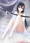 1girl barefoot black_hair blue_eyes katana kentaurosu legs long_hair original sheath sitting snow solo sword weapon 