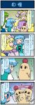  3girls 4koma anger_vein apple artist_self-insert blonde_hair blue_hair closed_eyes comic food food_on_head fruit fruit_on_head green_hair hands_in_sleeves hat hat_with_ears highres juliet_sleeves kochiya_sanae long_sleeves mizuki_hitoshi multiple_girls object_on_head open_mouth puffy_sleeves real_life_insert shirt skirt smile swaying tani_takeshi_(character) tatara_kogasa touhou translated yakumo_ran 