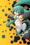  1girl armpits detached_sleeves green_eyes green_hair hatsune_miku headset highres jumping kangakuraku12 long_hair necktie open_mouth outstretched_arms skirt solo spread_arms thighhighs twintails vocaloid 