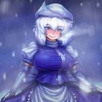 1girl :q blue_hair blush breasts curtsey dudufedu elbow_gloves gloves hat large_breasts letty_whiterock looking_at_viewer short_hair snow solo tongue touhou white_hair 