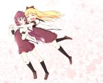  2girls :d blonde_hair bow closed_eyes flower glomp hair_bow highres hug hug_from_behind kuranos lily_(flower) long_hair multiple_girls open_mouth red_eyes redhead school_uniform serafuku smile sugiura_ayano toshinou_kyouko yuru_yuri 